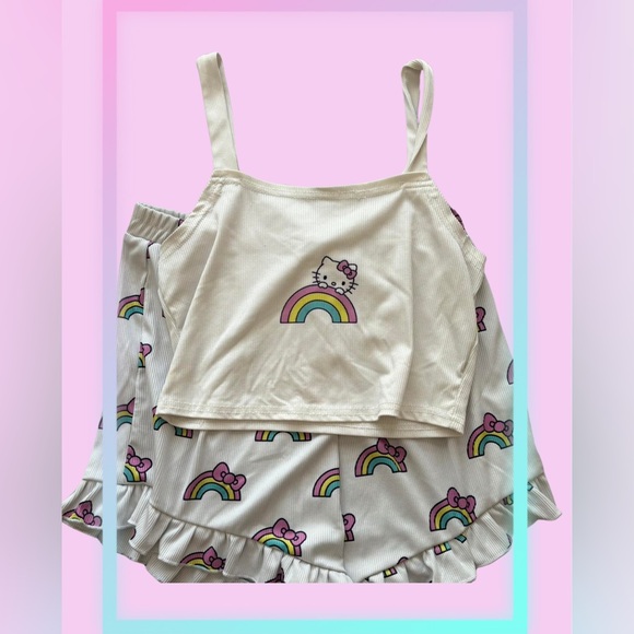 White Hello Kitty rainbow ruffle shorts and top pajama set. - Picture 2 of 7